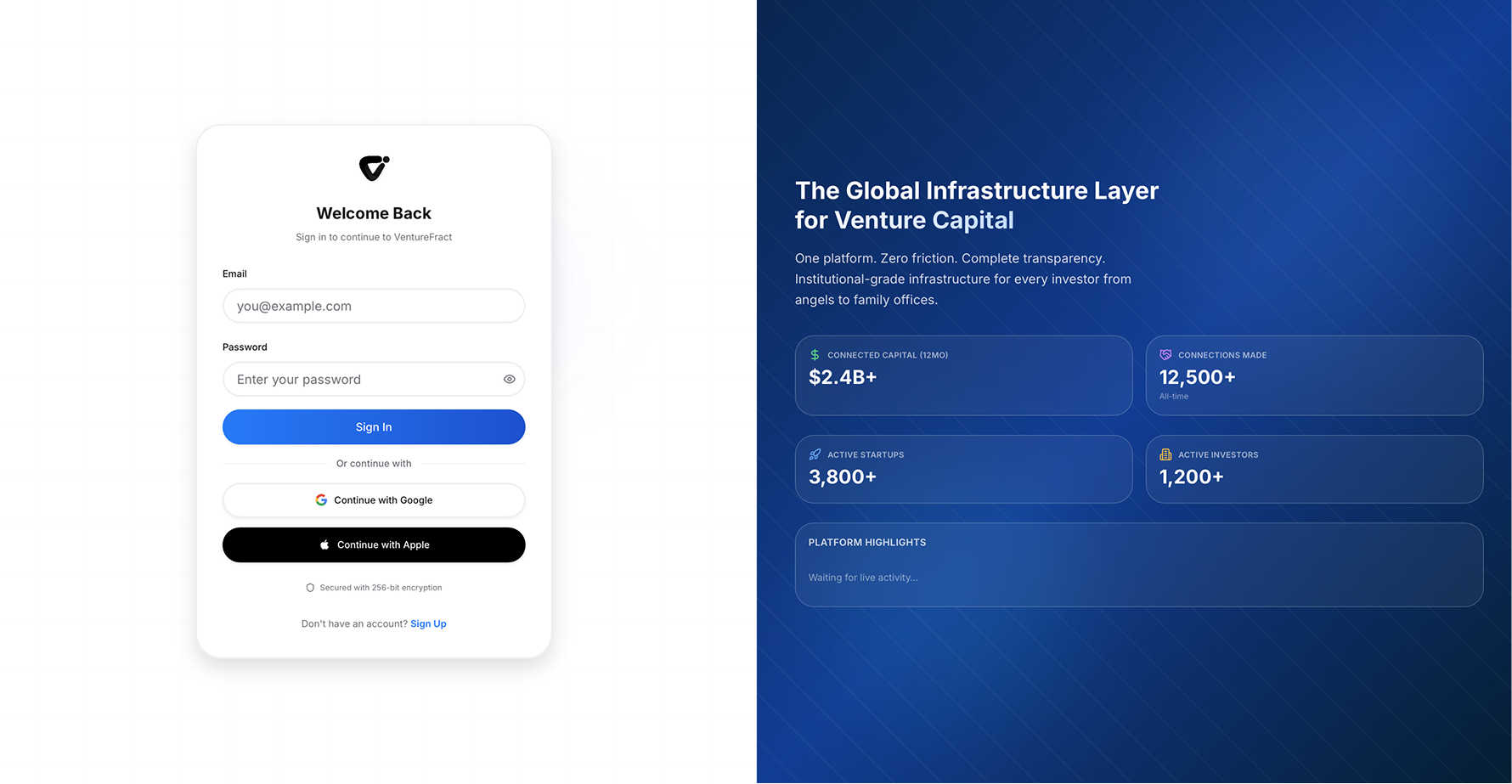 VentureFract sign-in beside the Global Infrastructure Layer dashboard